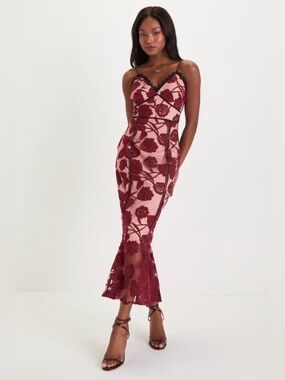 XS Lulu's Alluring Dream Burgundy Floral Mesh Lace Trumpet Midi Dress